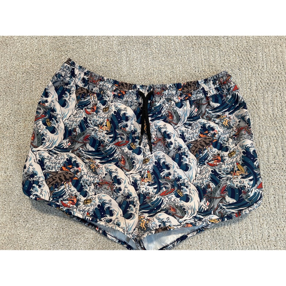 Culprit Lady Sharks Board Shorts Blue Great Wave‎ Shark Print Swim Trunks Large